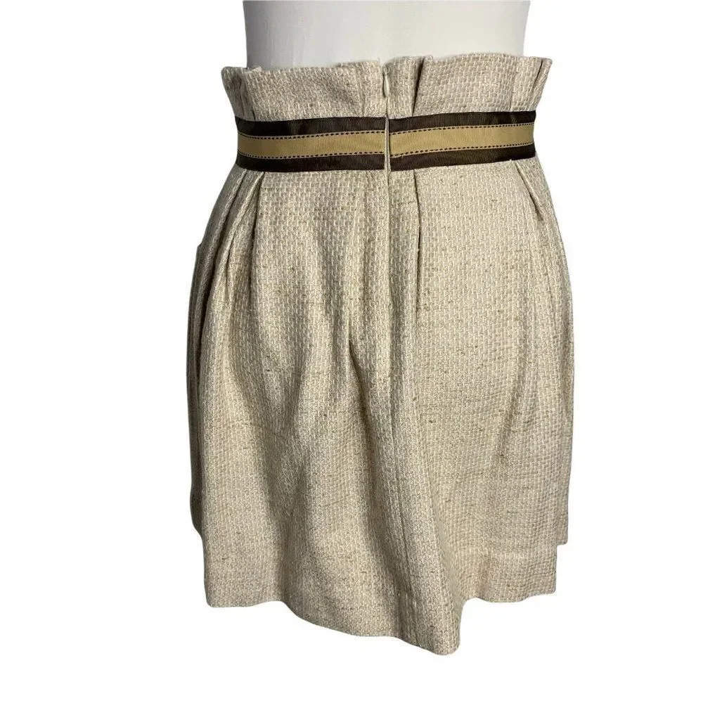 Vintage Silk Paper Bag Waist Mini Skirt S Beige Tie Waist Zip Pockets Pleated